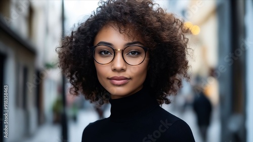 A woman wearing glasses standing in the middle of a city street