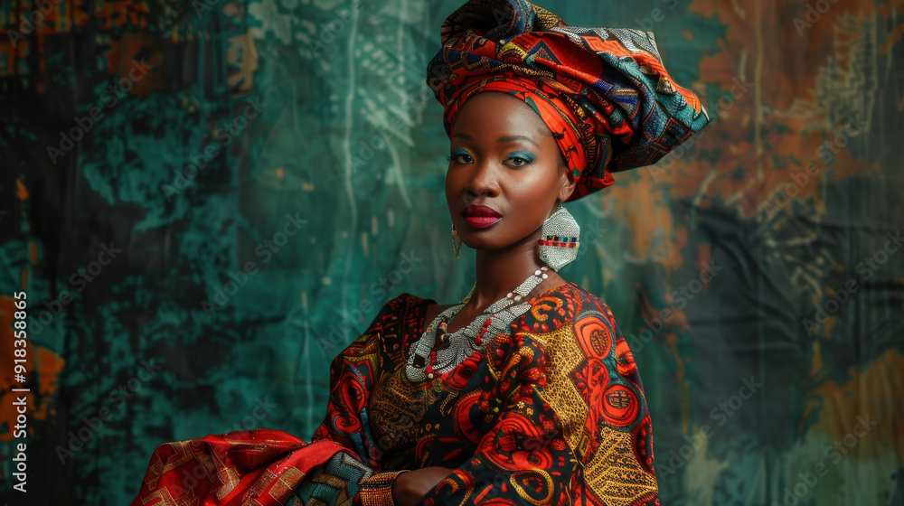 Black woman in traditional African attire, posing with pride in a studio with cultural decor Black woman in traditional African attire, posing with pride in a studio with cultural decor