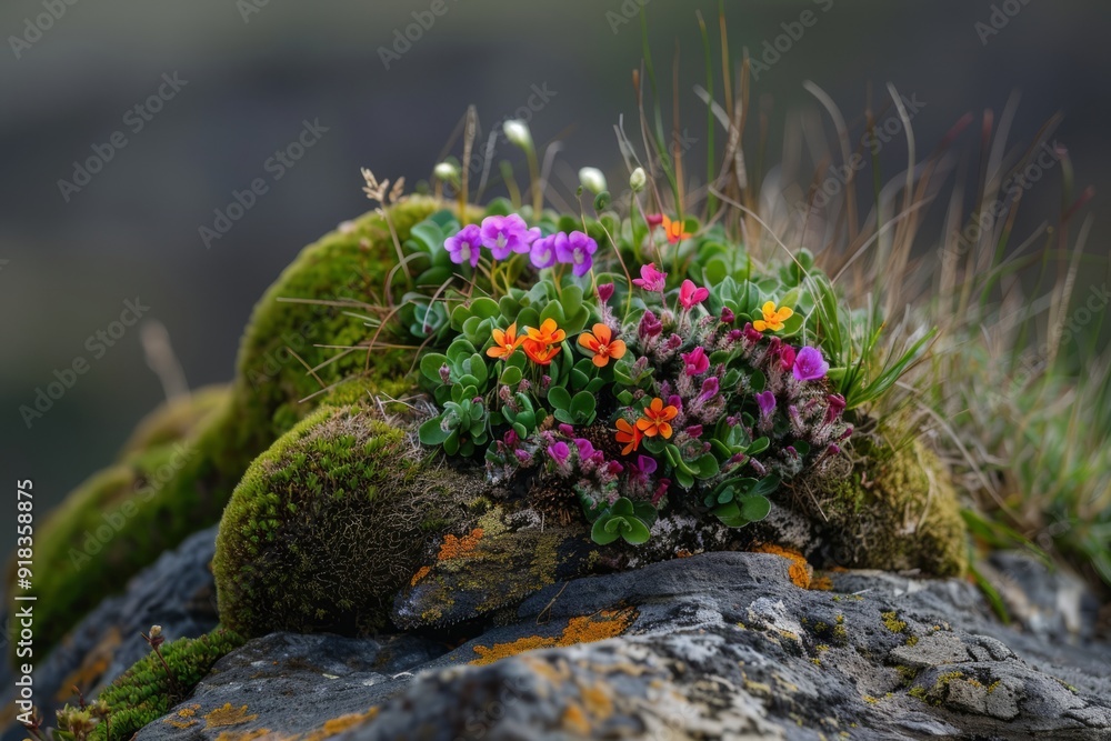 Macro coastal flora.Coastal environment.Underwater world.Marine life.A vibrant macro image of tiny beach flowers peeking out from a patch of moss on a rock Macro coastal flora.Coastal environment.Underwater world.Marine life.A vibrant macro image of tiny beach flowers peeking out from a patch of moss on a rock