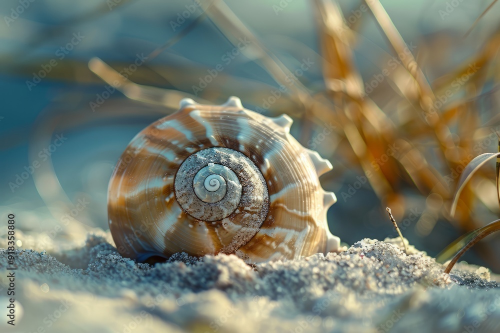 A close-up of a small, spiraled seashell encrusted with marine plants, resting on a sandy shore.Macro coastal flora.Coastal environment.Underwater world.Marine life. A close-up of a small, spiraled seashell encrusted with marine plants, resting on a sandy shore.Macro coastal flora.Coastal environment.Underwater world.Marine life.