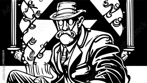 A stylized black and white illustration of a man in a suit and hat, with a mustache, sitting in a relaxed pose. The background features abstract shapes and lines, creating a dramatic effect. Detective