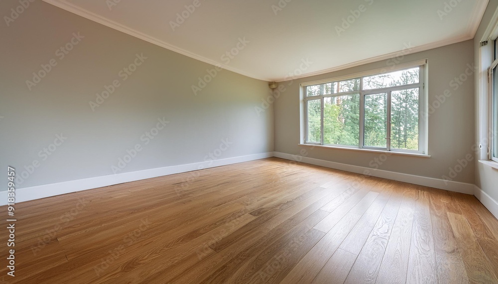 Spacious empty room with large window and hardwood floor Spacious empty room with large window and hardwood floor