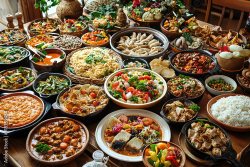 A tantalizing array of dishes from various cuisines spread across a wooden table, enticingly displaying the diversity of culinary art.
