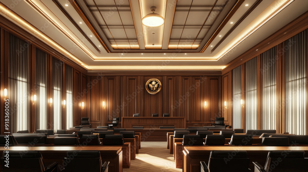 Fototapeta premium Empty Legal Courtroom with Wooden Desks and Black Leather Seating