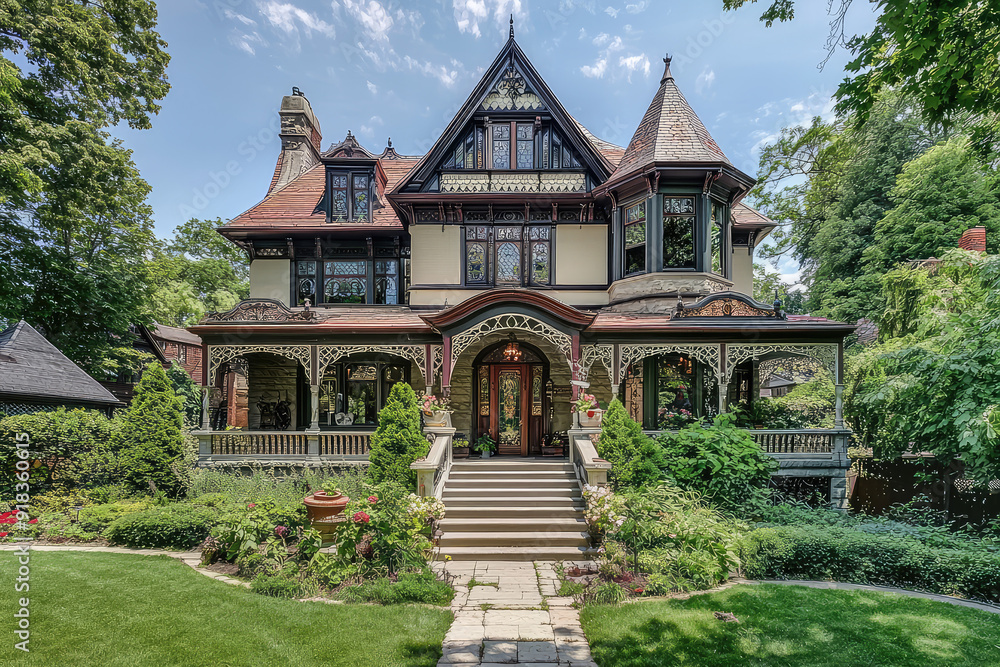 Experience the elegance of a stunning Gothic-inspired Victorian mansion with intricate gables, lush garden, and captivating architectural details. Experience the elegance of a stunning Gothic-inspired Victorian mansion with intricate gables, lush garden, and captivating architectural details.