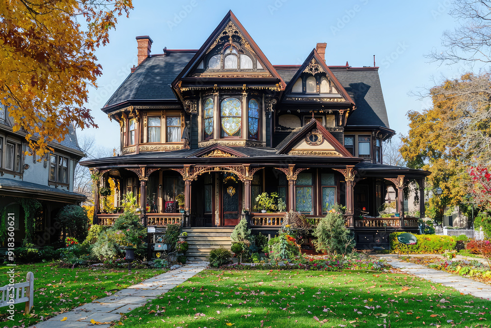 Fototapeta premium Explore the intricacies of this exquisite Gothic-inspired Victorian mansion surrounded by lush greenery and autumn foliage, a true architectural gem.
