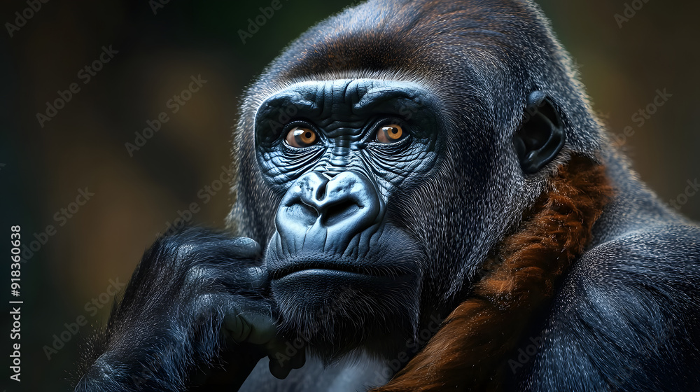 Close-up portrait of gorilla with fur collar and wise eyes. Close-up portrait of gorilla with fur collar and wise eyes.