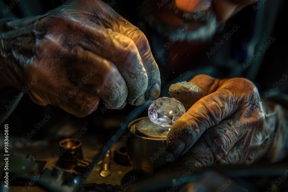 Aged fingers delicately setting a diamond within a craftsman's workspace, lit by the intimate glow of creation Aged fingers delicately setting a diamond within a craftsman's workspace, lit by the intimate glow of creation