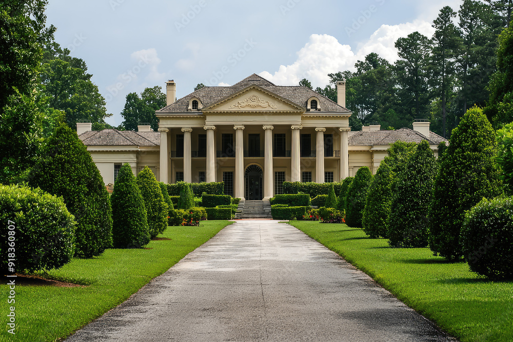 Obraz premium Experience grandeur: a magnificent neoclassical mansion with towering columns, lush gardens, and a peaceful atmosphere that captivates the soul.