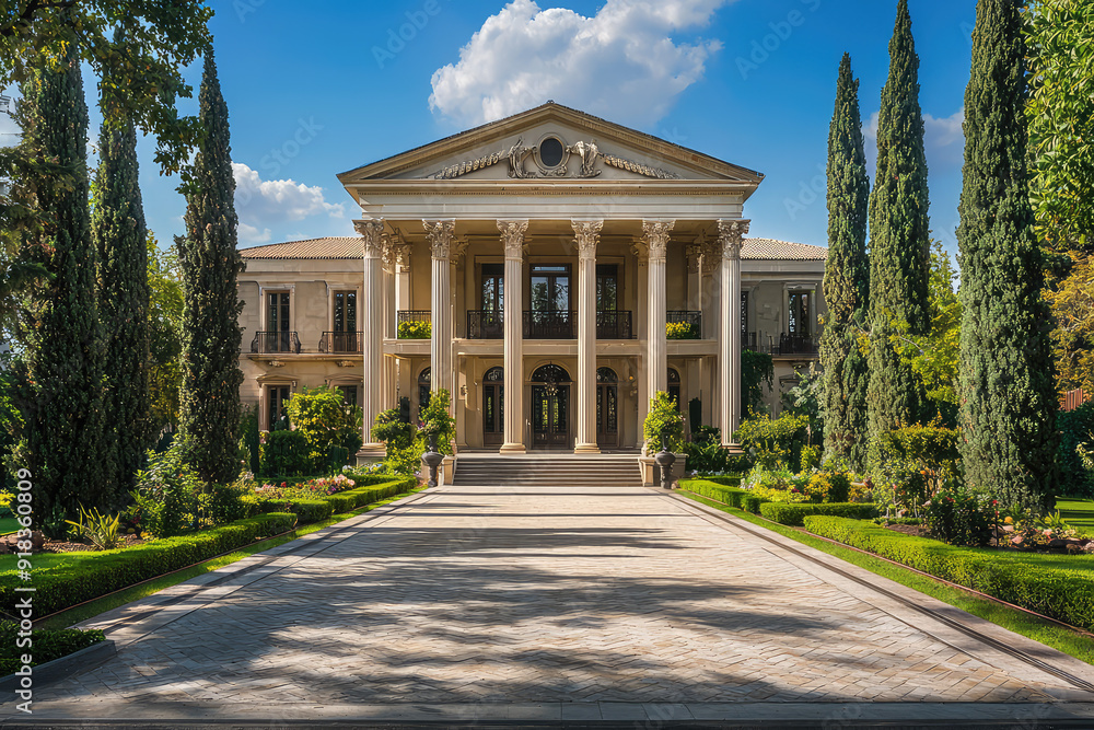 Obraz premium Magnificent neoclassical mansion with towering columns, pristine gardens, and a paved walkway, set against a clear blue sky with fluffy clouds.