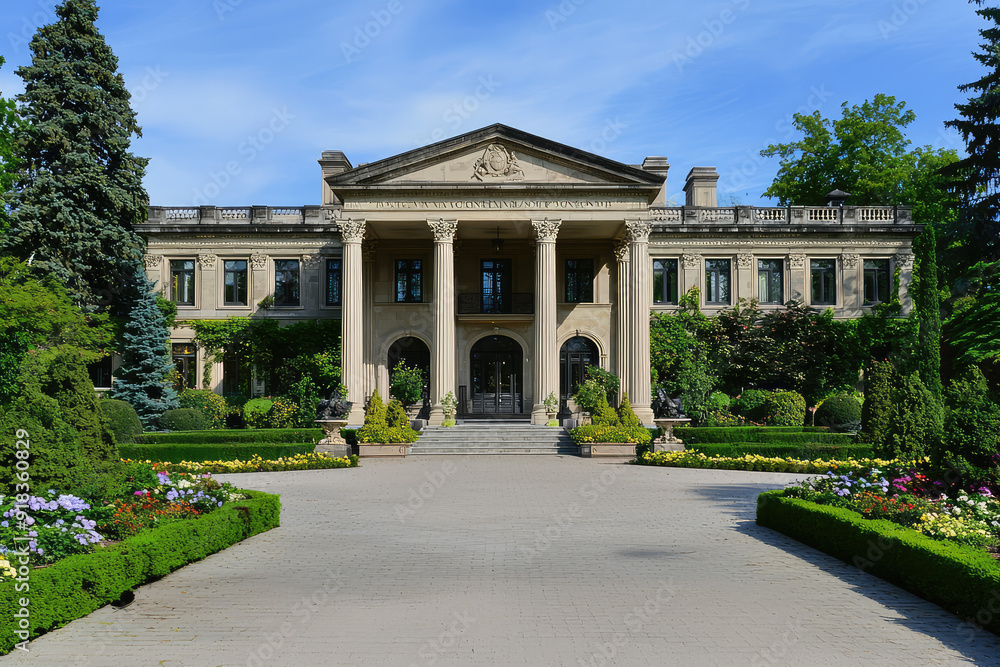 Fototapeta premium Majestic neoclassical mansion with towering columns, lush gardens, and a welcoming path under a clear blue sky, showcasing architectural grandeur.