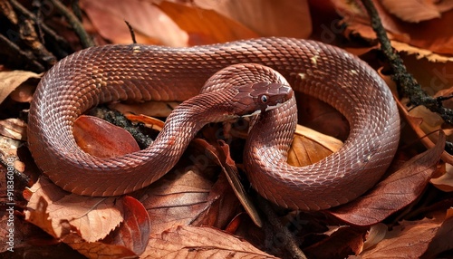 Top view of Calliophis bivirgatus snake resting on dry leaves in woods photo