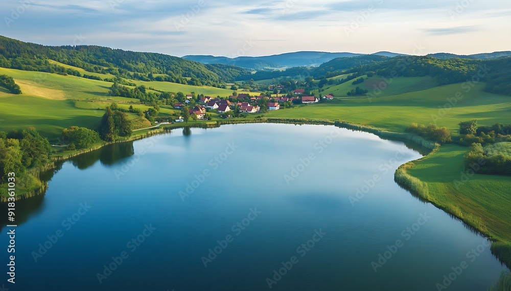 Aerial View of Tranquil Lake with Small Village Along Shore and Rolling Hills Aerial View of Tranquil Lake with Small Village Along Shore and Rolling Hills