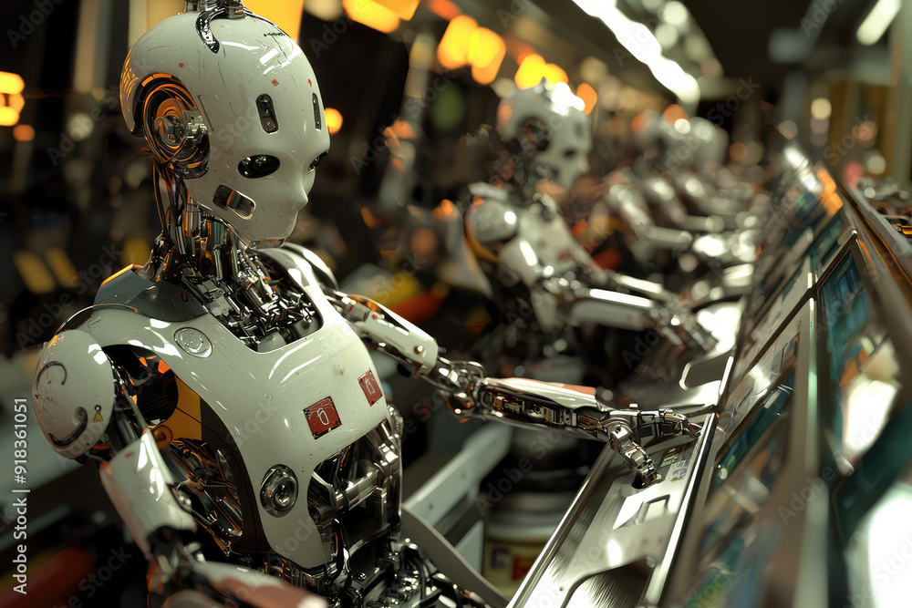 Robots collaborating on a high-tech assembly line, focused on intricate tasks, showcasing advanced engineering and futuristic efficiency. Robots collaborating on a high-tech assembly line, focused on intricate tasks, showcasing advanced engineering and futuristic efficiency.