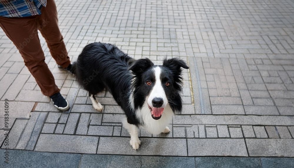 Top view of cute Border Collie dog with black and white color standing on tile on street with head up and looking at camera Top view of cute Border Collie dog with black and white color standing on tile on street with head up and looking at camera