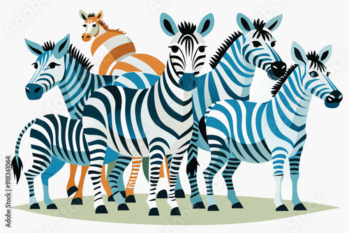 A Group of Blue and White Striped Zebras with a Single Orange and White Striped Zebra