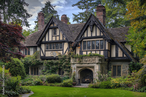 Majestic half-timbered Tudor mansion adorned with lush greenery, intricate architecture, and a picturesque garden under a serenely cloudy sky.