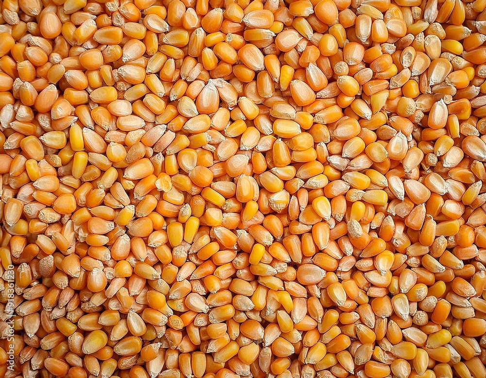 Top view of full frame background of pile of dry corn seeds stored in warehouse at factory Top view of full frame background of pile of dry corn seeds stored in warehouse at factory