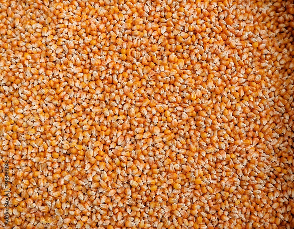 Top view of full frame background of pile of dry corn seeds stored in warehouse at factory Top view of full frame background of pile of dry corn seeds stored in warehouse at factory