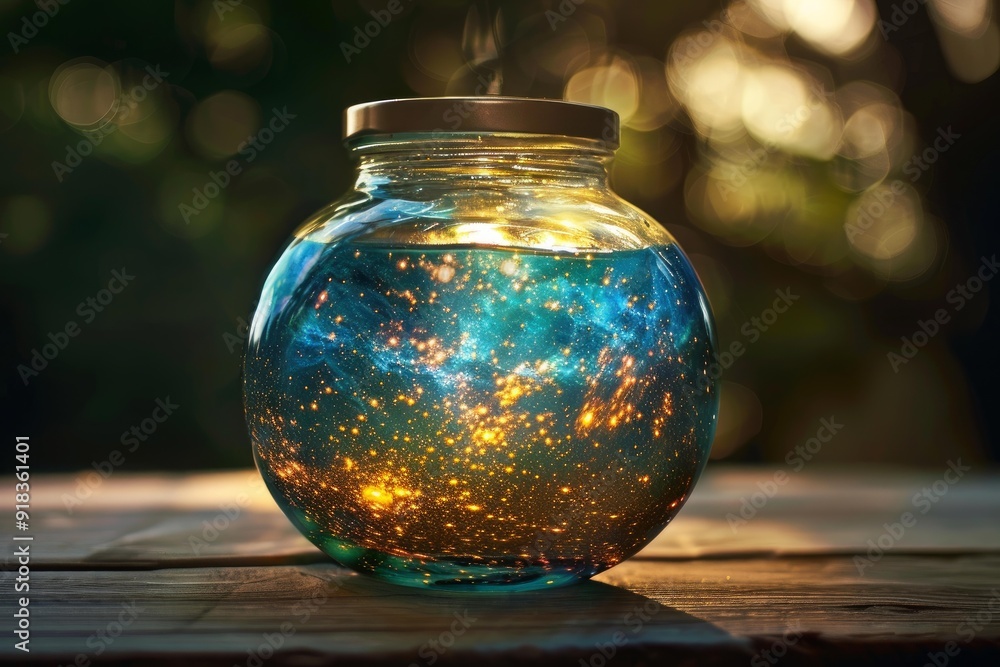 Captivating glass jar filled with a glowing galaxy nebula sitting on a rustic wooden surface Captivating glass jar filled with a glowing galaxy nebula sitting on a rustic wooden surface