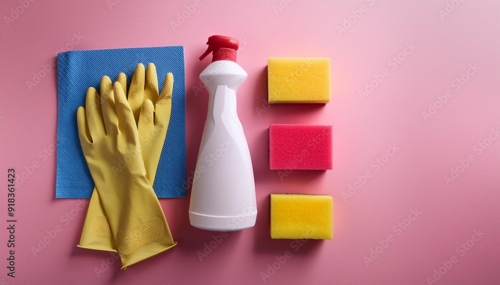Top view of latex gloves and spray detergent arranged on pink background with sponges and rag for cleaning concept Top view of latex gloves and spray detergent arranged on pink background with sponges and rag for cleaning concept