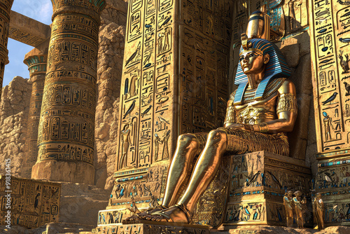 An opulent Pharaoh statue adorned in gold and jewels, seated majestically among ancient hieroglyph-adorned columns in a grand ancient setting photo