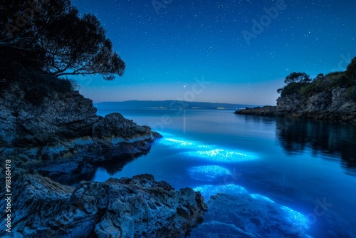 Glowing plankton.Bioluminescent plankton.Glowing beach.A dramatic long-exposure photograph of bioluminescent plankton lighting up a tidal pool, with stars reflected in the water