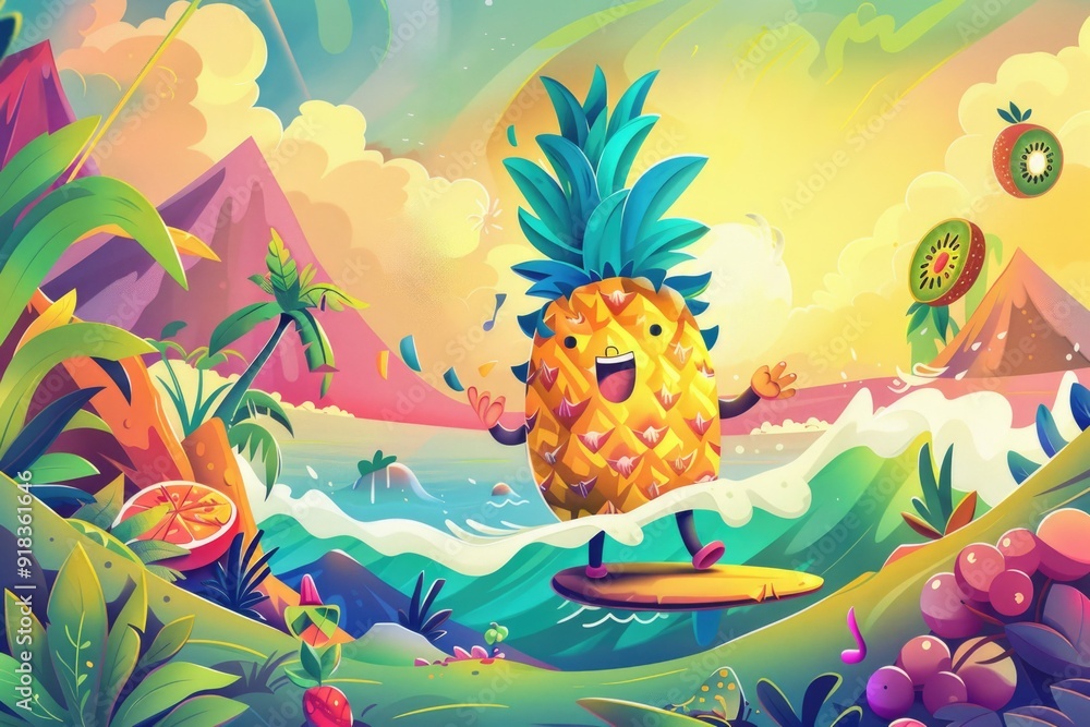 Cartoon pineapple character surfing on ocean waves surrounded by tropical fruits, mountains, and a bright sunset sky. ai Cartoon pineapple character surfing on ocean waves surrounded by tropical fruits, mountains, and a bright sunset sky. ai