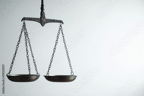 A pair of balanced, ornate scales hanging in the air, symbolizing justice, equality, and fairness amidst a clean, minimalist background.