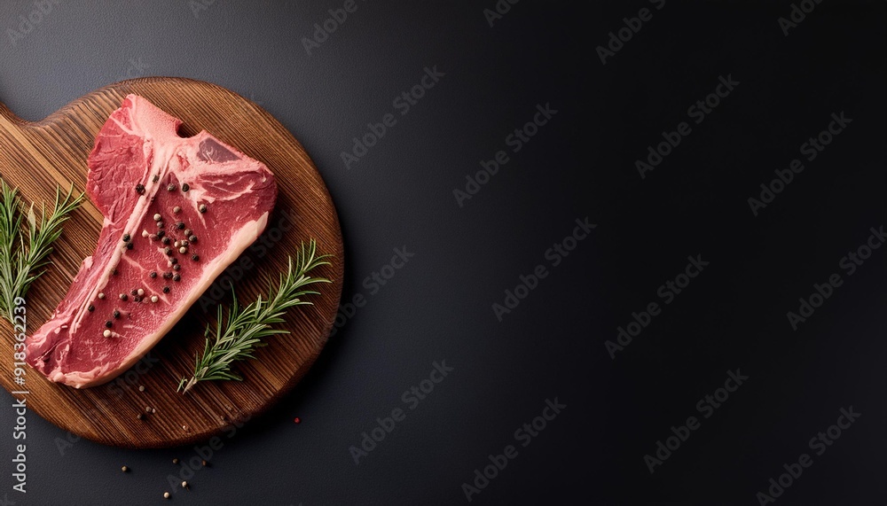 Top view uncooked t bone beef steak garnished with black pepper and rosemary sprigs placed on table in kitchen Top view uncooked t bone beef steak garnished with black pepper and rosemary sprigs placed on table in kitchen