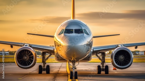 Airplane on the Runway at Sunset