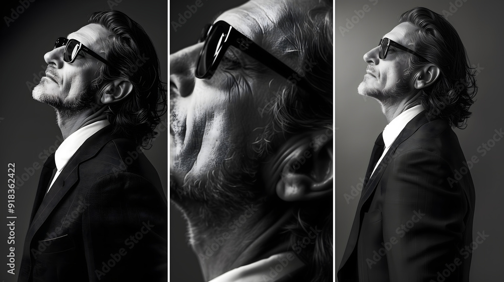 Triptico con retratos en blanco y negro de hombre elegante foto de