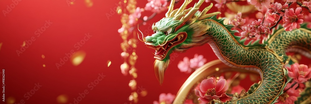 Fototapeta premium Chinese Zodiac Elegant Green Dragon in Chinese New Year Style with Floral Elements and Golden Foil
