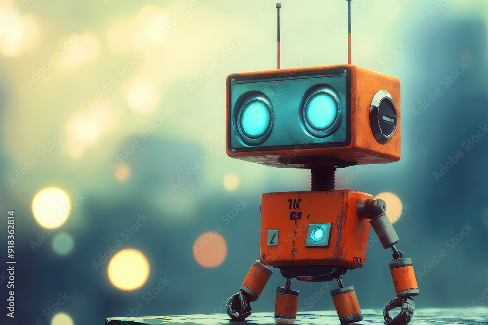 Charming retro-futuristic robot with glowing blue eyes and orange boxy design in soft focus, evoking nostalgia and imagination in a digital world. Charming retro-futuristic robot with glowing blue eyes and orange boxy design in soft focus, evoking nostalgia and imagination in a digital world.