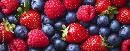 Close Up of Fresh Berries: Raspberries, Strawberries, and Blueberries Photo