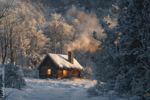 Cozy rustic cabin amidst snow-covered trees with warm light and smoke, evoking tranquility and serenity in a picturesque winter wonderland photo