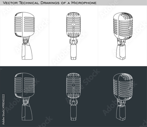 set retro microphone vector for podcast. blueprint line drawing
