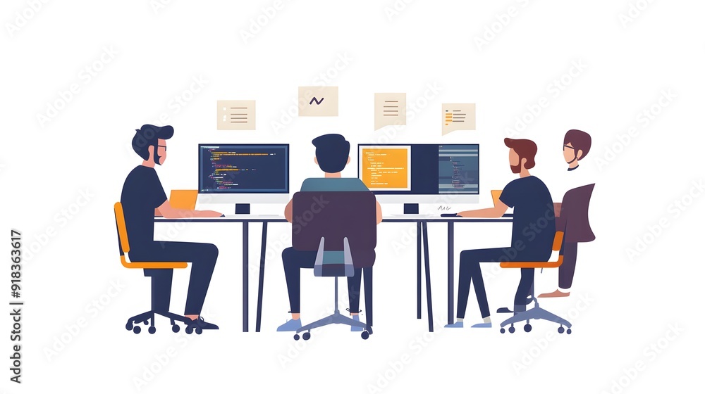 Four programmers working together at their desks in an office. They are looking at computer screens, working on a project. Four programmers working together at their desks in an office. They are looking at computer screens, working on a project.
