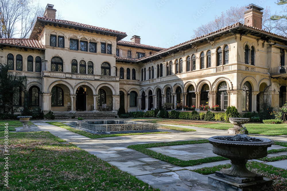 Obraz premium Majestic Italianate mansion with arched windows, elaborate balconies, and a serene central fountain showcasing exceptional architectural grandeur.