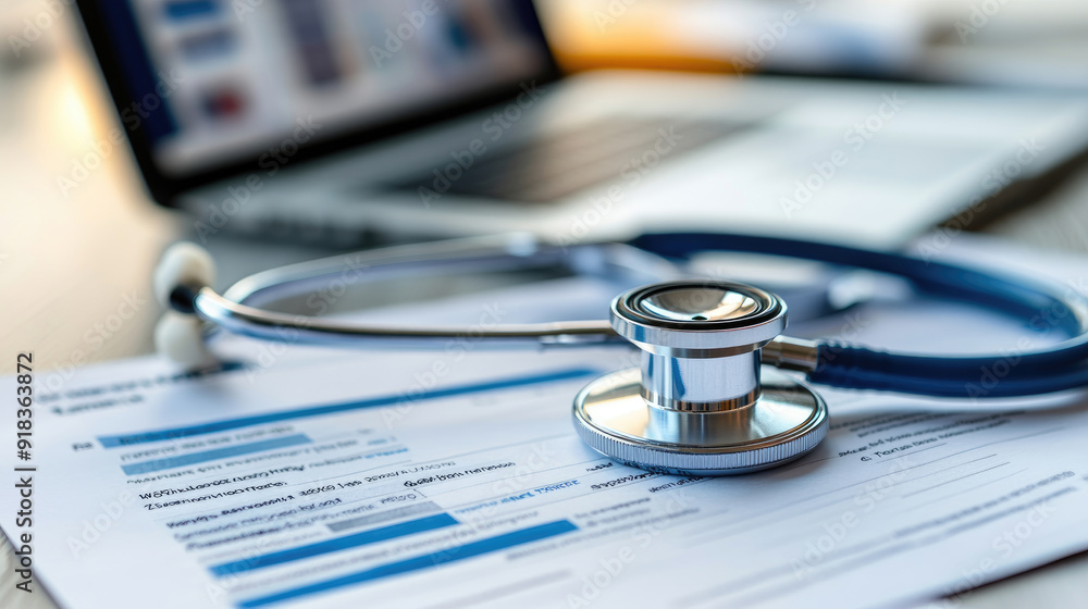 Stethoscope on Healthcare Document with Laptop, Emphasizing Tech Integration in Medicine Stethoscope on Healthcare Document with Laptop, Emphasizing Tech Integration in Medicine