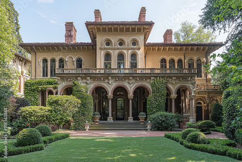 A majestic Italianate mansion with arched windows, lush greenery, and intricate detailing, exuding classical grandeur and timeless elegance.