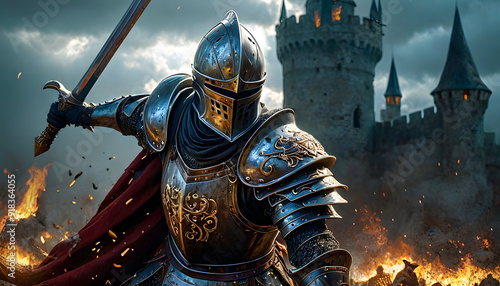 A knight in ornate armor stands confidently with a sword. The scene captures a medieval battle atmosphere with dark clouds and a sense of impending conflict.