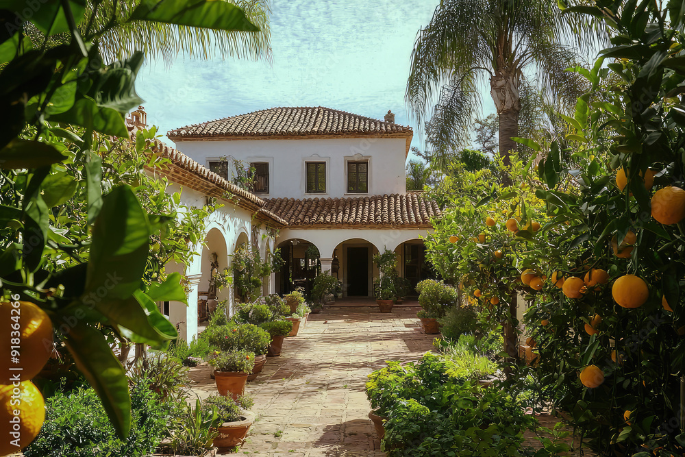 Naklejka premium Explore this enchanting villa with terracotta roofs, whitewashed walls, and lush greenery. A serene escape amidst vibrant orange trees and tranquil surroundings.
