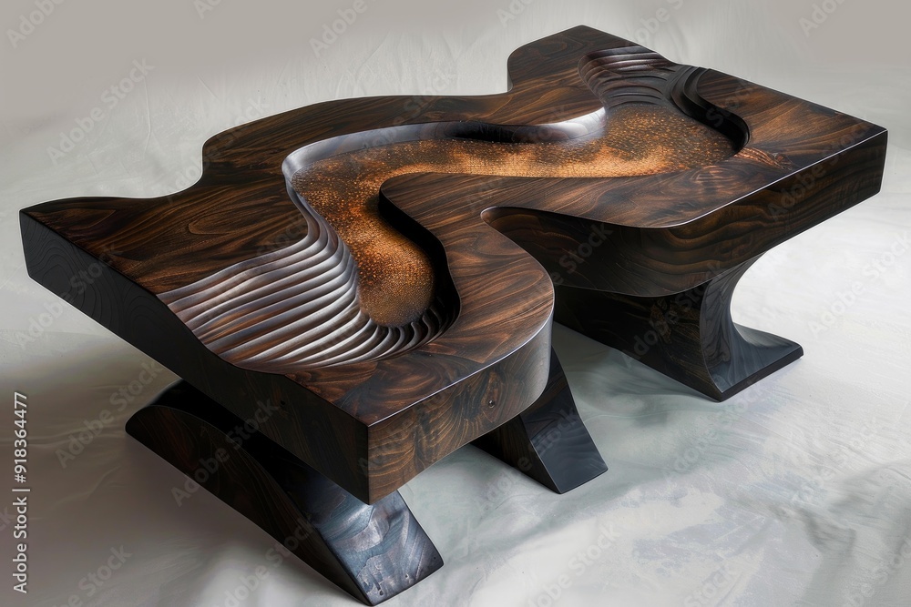 Artistic wooden table with modern, flowing lines and a reflective surface, showcasing craftsmanship Artistic wooden table with modern, flowing lines and a reflective surface, showcasing craftsmanship
