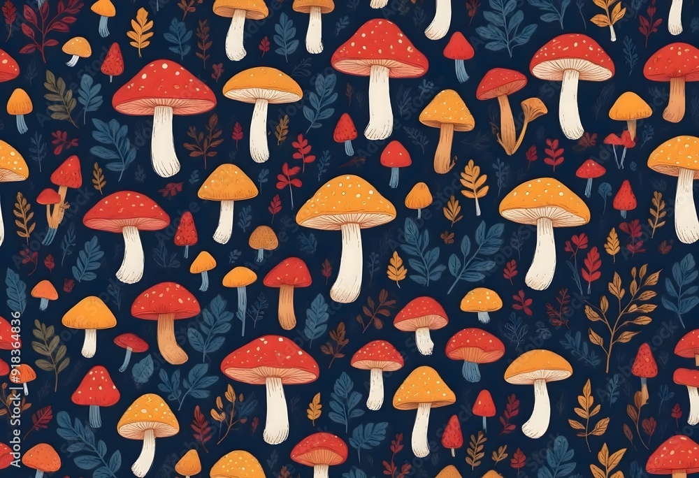 Seamless autumn mushroom pattern with colorful leaves on dark background Seamless autumn mushroom pattern with colorful leaves on dark background