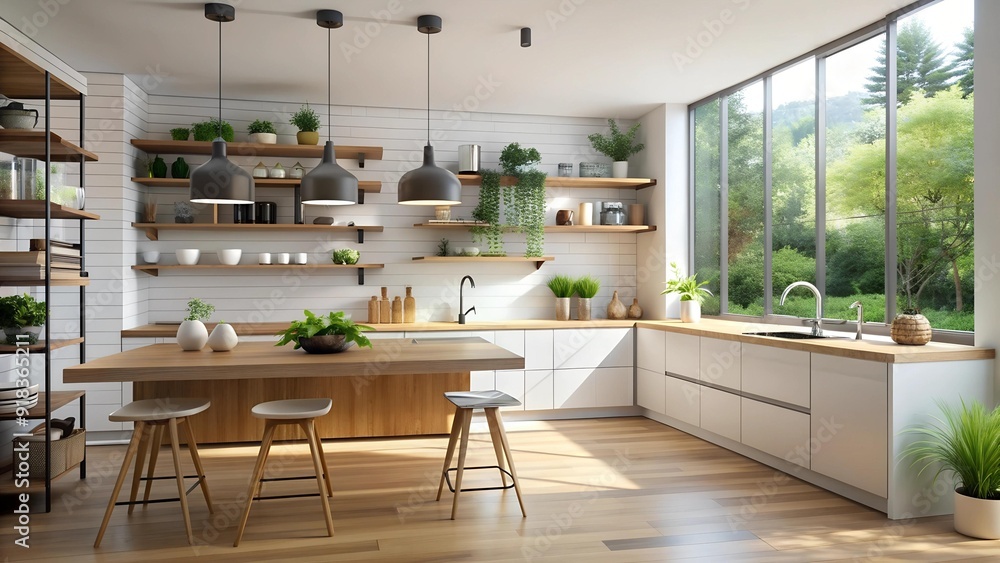 Modern Minimalist Kitchen with Open Shelving and Natural Light AI generated Modern Minimalist Kitchen with Open Shelving and Natural Light AI generated