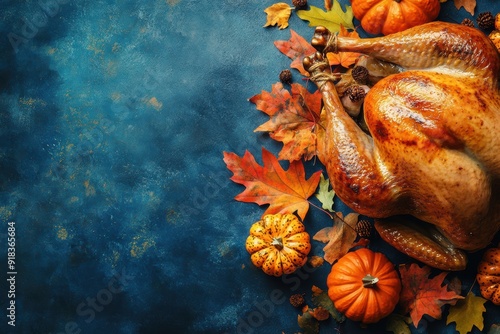 Roasted Turkey with Pumpkins and Fall Leaves on a Blue Background for Thanksgiving Dinner.