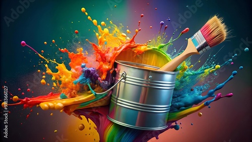 Abstract Splash of Color: A Vibrant Paint Bucket and Brush in Motion  Generative AI