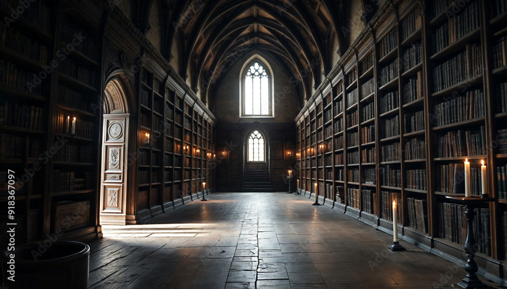 an old, wooden library with bookshelves on either side and a window at the end. The room has a cathedral-like ceiling and is filled with sunlight. There are several flickering candles an old, wooden library with bookshelves on either side and a window at the end. The room has a cathedral-like ceiling and is filled with sunlight. There are several flickering candles