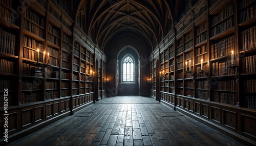 Wallpaper Mural an old, wooden library with bookshelves on either side and a window at the end. The room has a cathedral-like ceiling and is filled with sunlight. There are several flickering candles  Torontodigital.ca